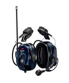 Intrinsically safe dark blue hard hat attached hearing protection.